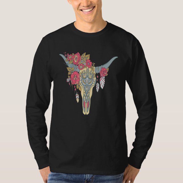 Camiseta Crânio De Vaca Para Mulheres Flores De Açúcar Rosa (Frente)