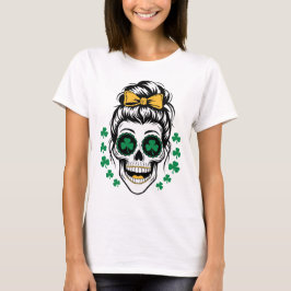 Camiseta Crânio do Dia de São Patrício com Trevos e Desarru