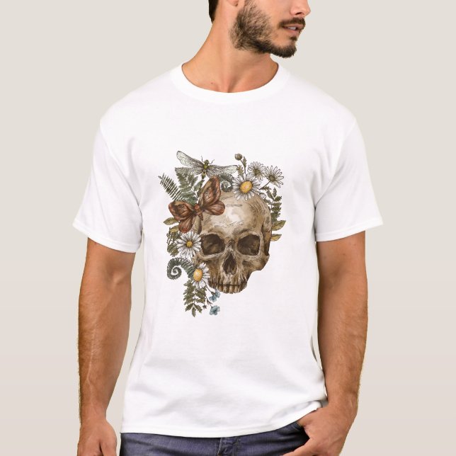 Camiseta crânio e borboletas de flores de colheita gótica (Frente)