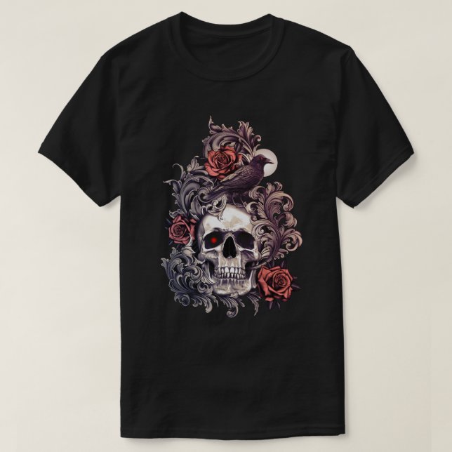 Camiseta Crânio e corvo com Rosa (Frente do Design)
