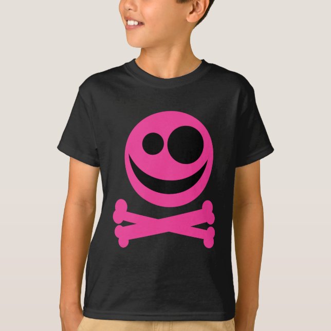 Camiseta Crânio e Crossbones. Rosa quente e preto (Frente)
