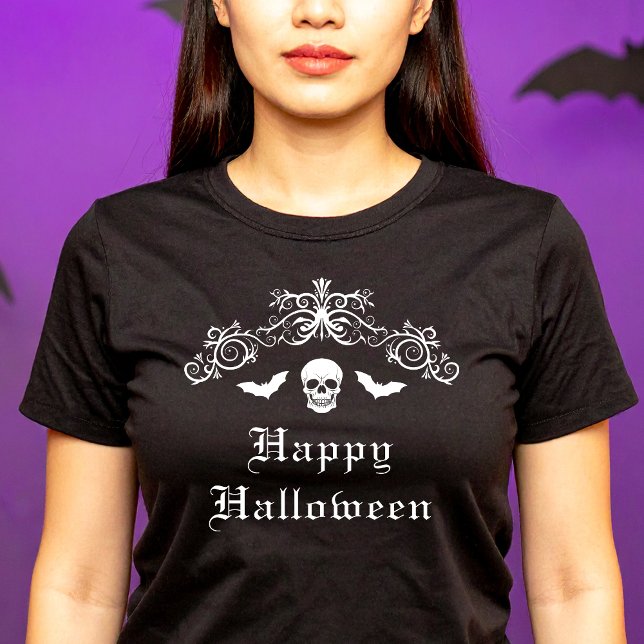 Camiseta Crânio E Morcegos Com Fronteira De Ornamentado Fel (Disclaimer: This image is a digital mockup.)