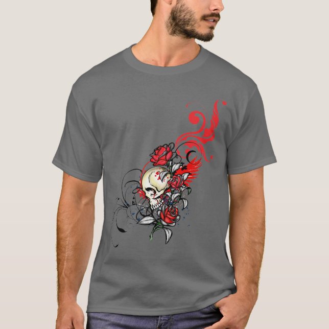 Camiseta Crânio e rosas vermelhos (Frente)