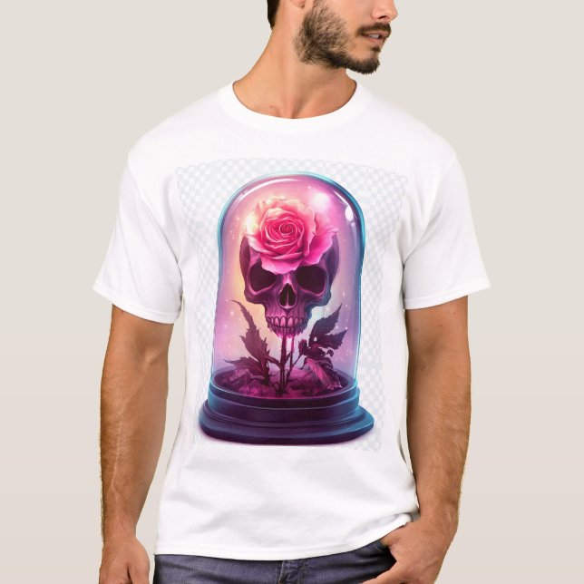 Camiseta Crânio em Vidro de Rosa (Frente)