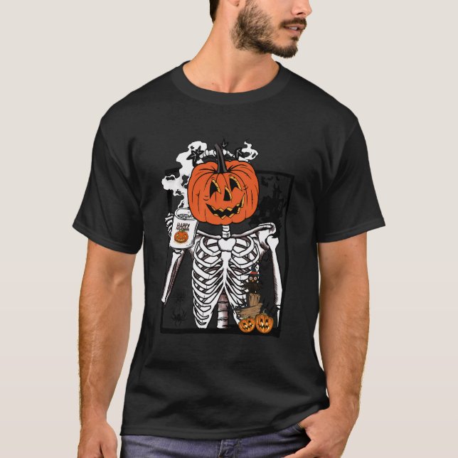Camiseta Crânio Engraçado Copos de Café Retro Pumpkin Hal (Frente)