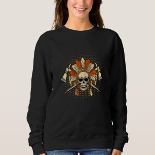 Camiseta Crânio feminino com chapéu de penacho e tomahawk