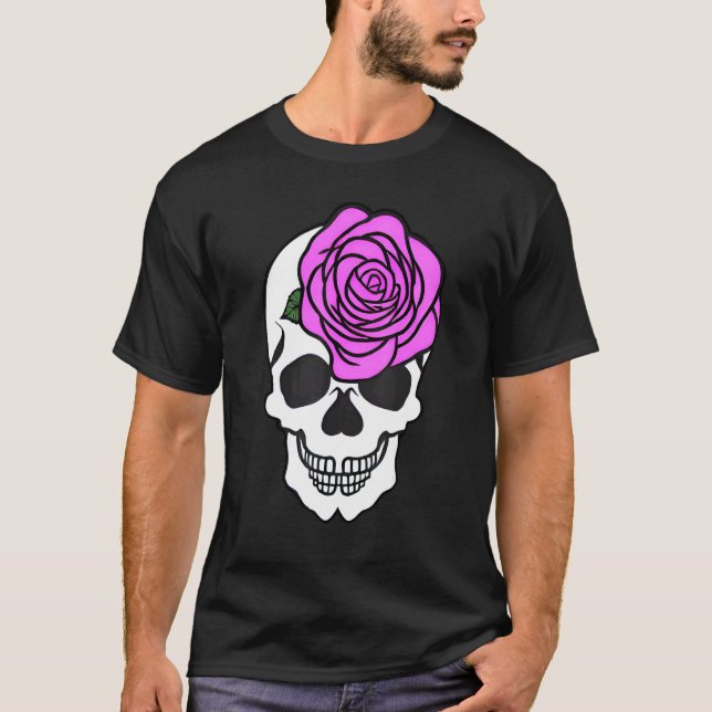 Camiseta Crânio feminino de esboços gráficos com grandes Ro (Frente)