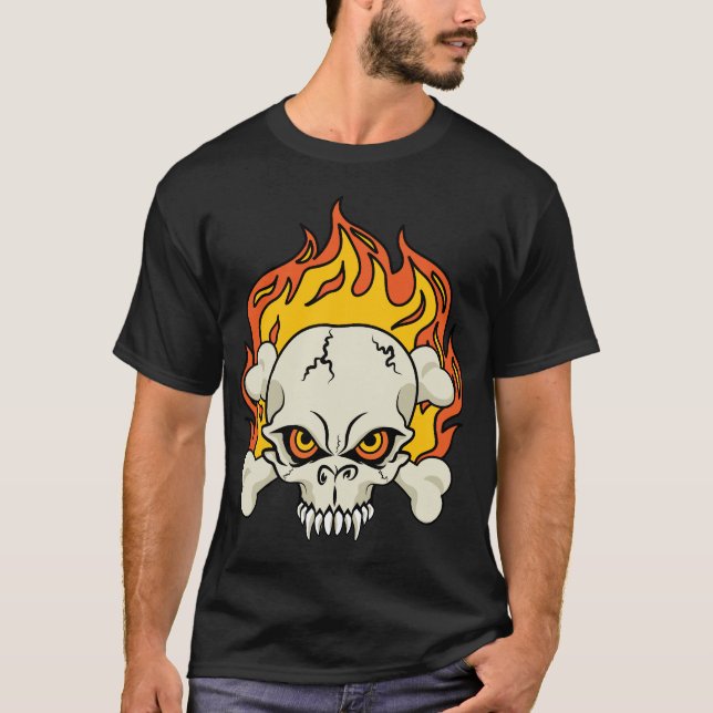 Camiseta Crânio flamejante e ossos cruzados (Frente)