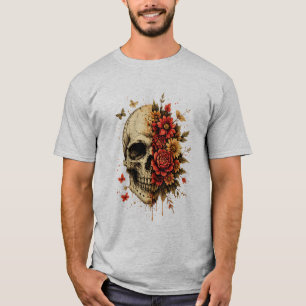 Camiseta Crânio Floral Arte Gótica Crânio Antigo com Verm