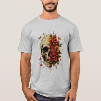 Camiseta Crânio Floral Arte Gótica | Crânio Antigo com Verm