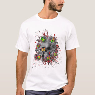 CAMISETA CRÂNIO FLORAL COLORIDO BORBOLETA