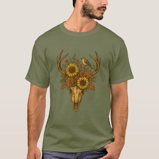 Camiseta Crânio Floral com Girassóis e Pássaros (Frente)