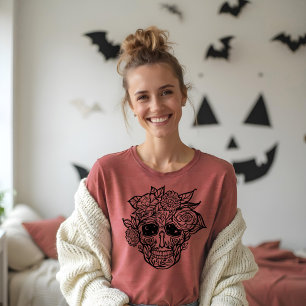 Camiseta Crânio floral corajoso do açúcar da linha preto