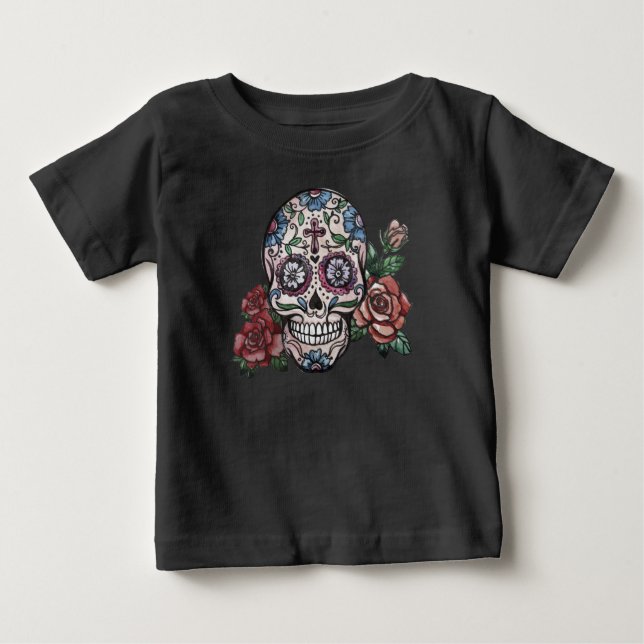 Camiseta Crânio Floral desenhado à mão Dia de los Muertos | (Frente)