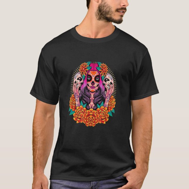 Camiseta Cranio Flores La Catrina Dia De Los Muertos (Frente)