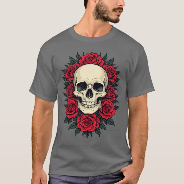 Camiseta Crânio Gótico arredondado por Rosas vermelhas (Frente)