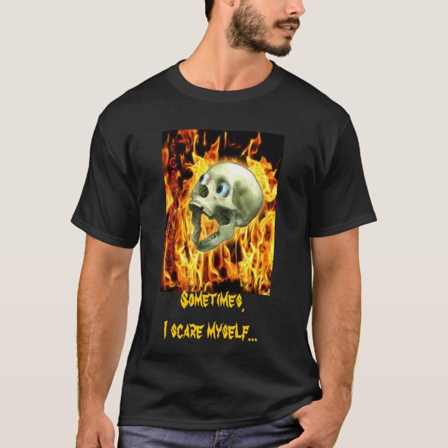 Camiseta Crânio Gótico, Chamas, Horror de Halloween (Frente)