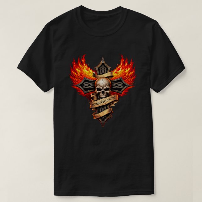 Camiseta Crânio Gótico com Asas Flamejantes Cruzadas Mement (Frente do Design)
