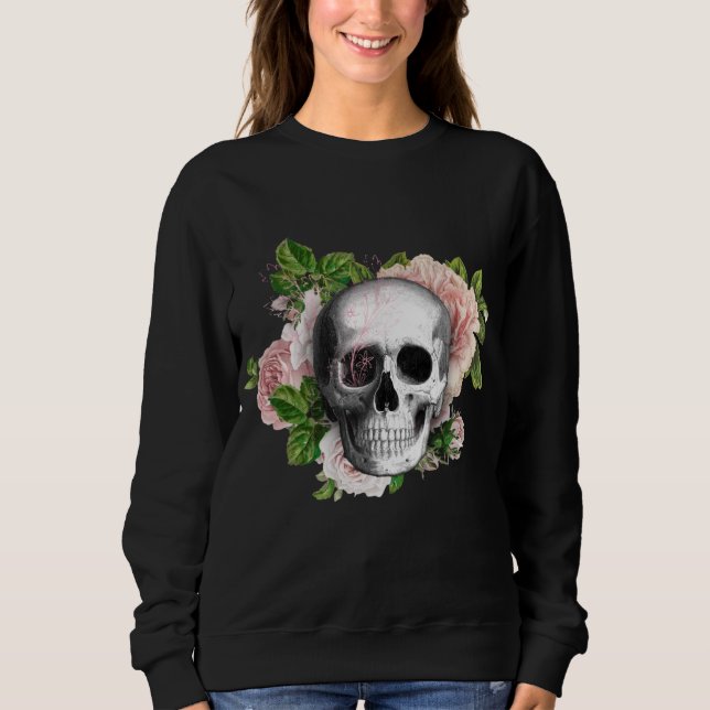 Camiseta Crânio Gótico com Rosas Rosa (Frente)