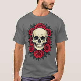Camiseta Crânio Gótico Rodeado Por Rosas Vermelhas