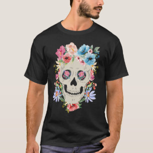 Camiseta Crânio Mexicano com Flores para o Dia dos Mortos