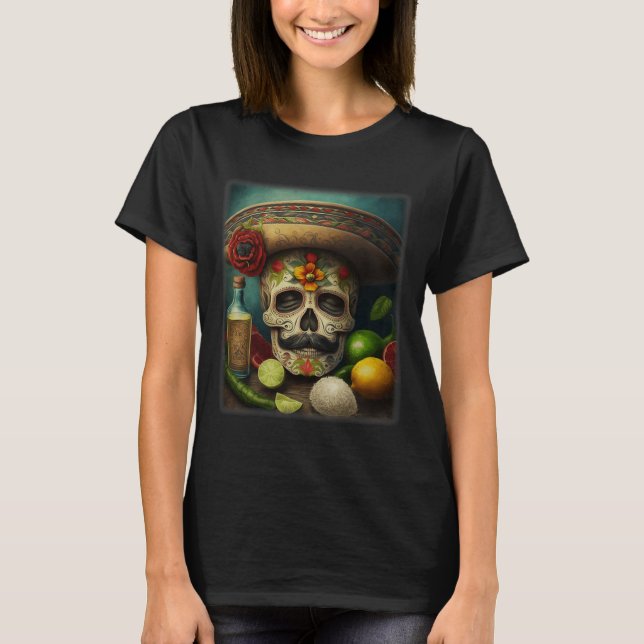 Camiseta Crânio Mexicano Tequila Sombrero Cinco De Mayo (Frente)