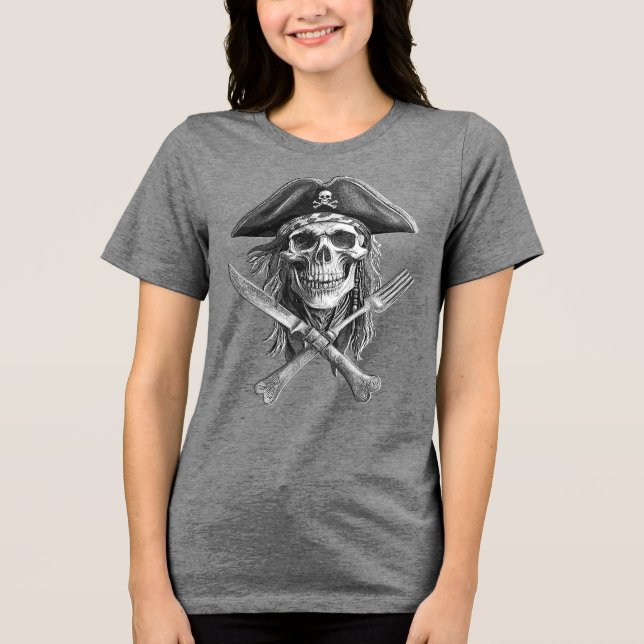 Camiseta Crânio Pirata B&W com Faca e Forte Cruzada (Frente)