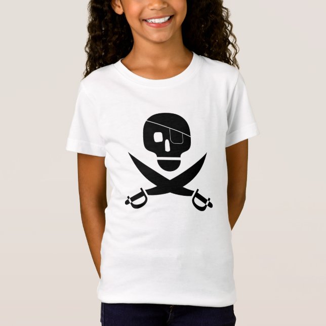 Camiseta Crânio Pirata Preto com Patch de Olho e Espadas Cr (Frente)