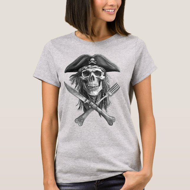 Camiseta Crânio Pirata Preto e Branco com Utensílios para L (Frente)