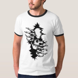 Camiseta Crânio Rasgando Parede com Mãos de Esqueleto
