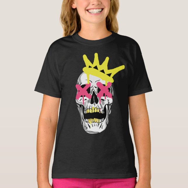 Camiseta Crânio Real: Coroa Artística Rosa X Olhos (Frente)
