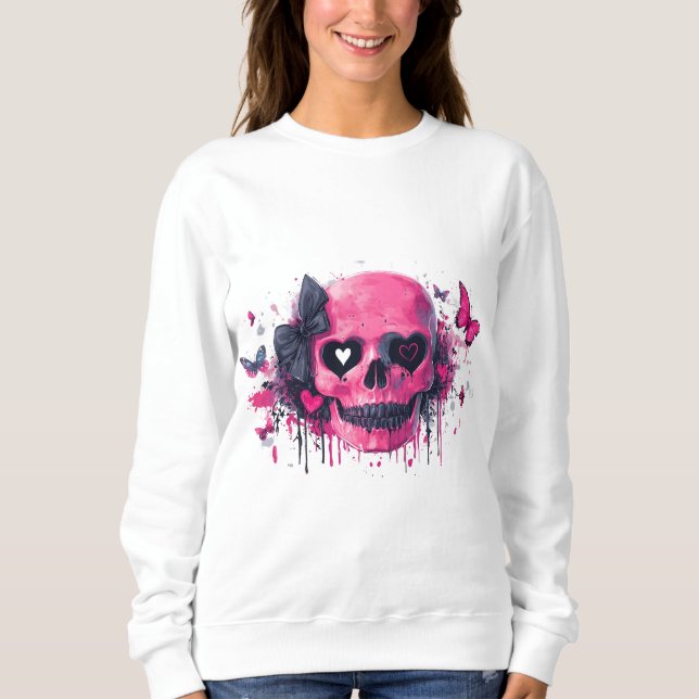 Camiseta Crânio rosa com borboletas e corações (Frente)