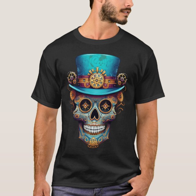 Camiseta Crânio Steampunk Dia dos Mortos Masculino Preto (Frente)