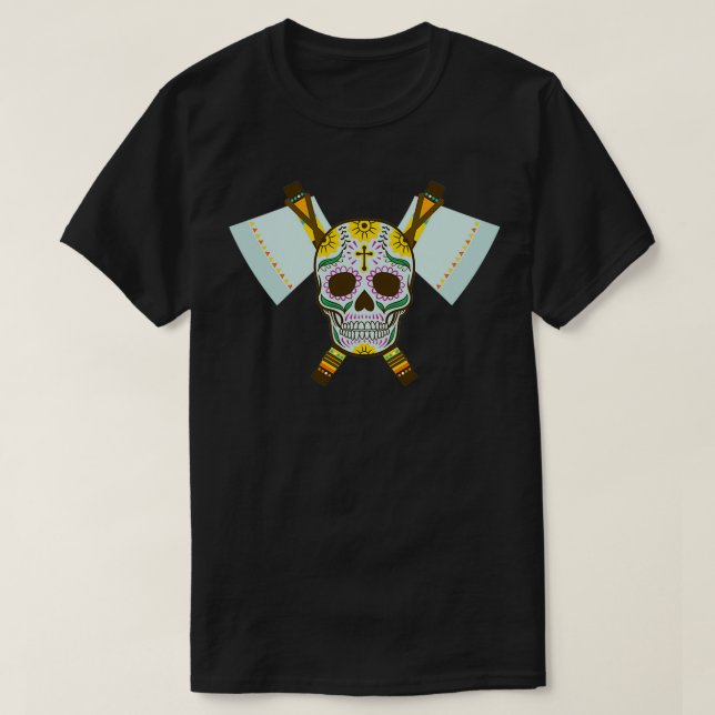 Camiseta Crânio Tribal Dual Ax 3 (Frente do Design)