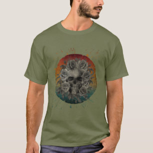 CAMISETA CRÂNIO VINTAGE E FLORES PRETO E BRANCO