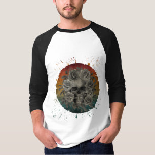 CAMISETA CRÂNIO VINTAGE E FLORES PRETO E BRANCO