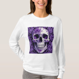 Camiseta Crânio violeta floral 3D com flores violetas