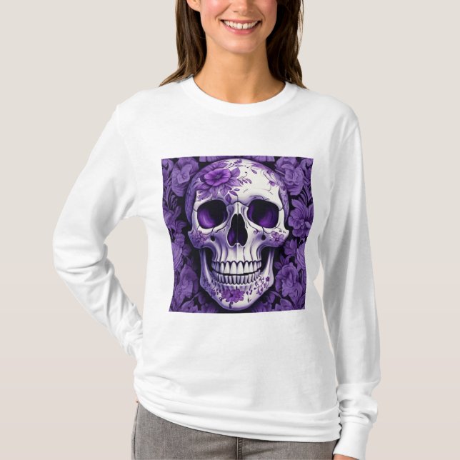 Camiseta Crânio violeta floral 3D com flores violetas (Frente)