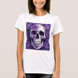 Camiseta Crânio violeta floral 3D com flores violetas