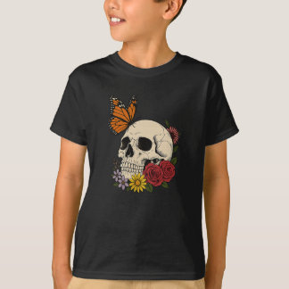 Camiseta Crânios Borboleta Monarca Flores Halloween Homens 