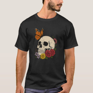 Camiseta Cránios Borboleta Monarca Flores Halloween Homens 