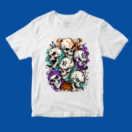 Camiseta Crânios Com Chamas Estilo de Arte Grafite Cartoon