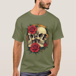 Camiseta Crânios com Rosas Vermelhas