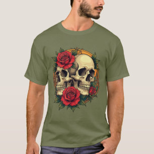 Camiseta Crânios com Rosas Vermelhas