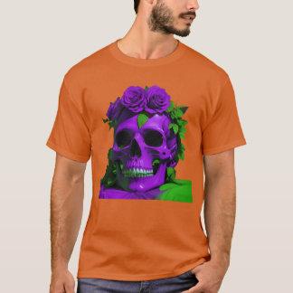 Camiseta Cránios Estéticos e Rosas Violeta e Verde amigo