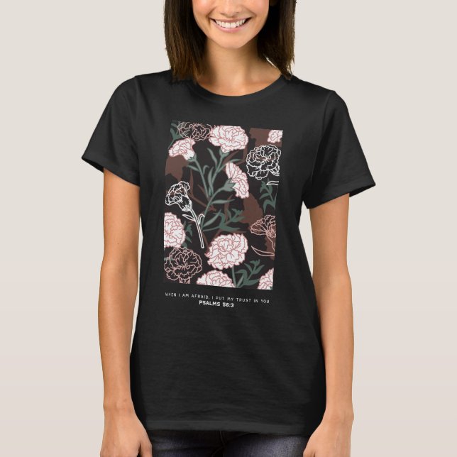 Camiseta Cravos Rosa Delicados com Desenho Floral de Folhas (Frente)