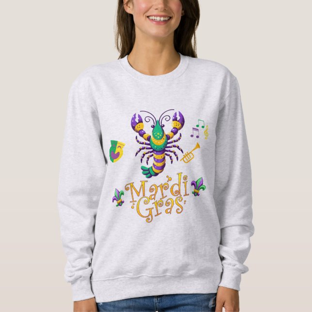 Camiseta Crayfish/trompet/mask/fleur de lis Mardi Gras (Frente)