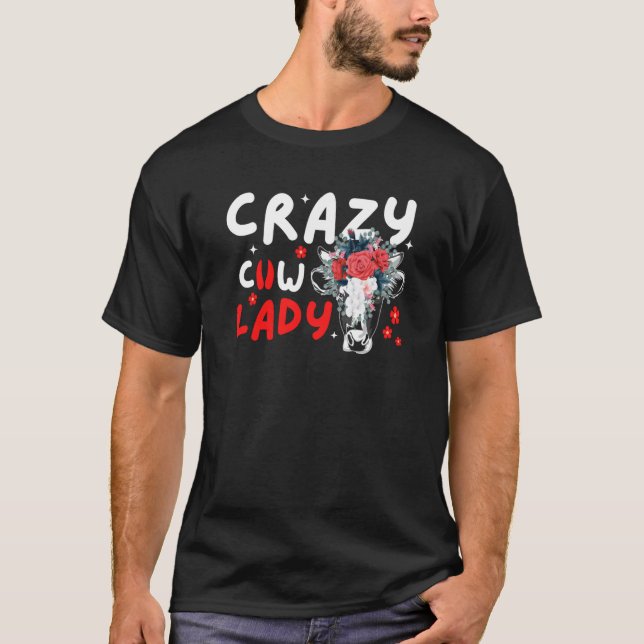Camiseta Crazy Cow Lady Women Animal Flowers Mother's Day   (Frente)