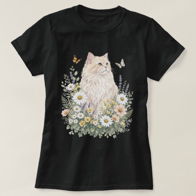 Camiseta Cream Cat Wildflower Botanical Art (Frente do Design)