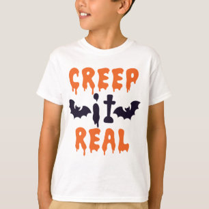 Camiseta "Credo Real" dizendo com o Dia das Bruxas de Bats